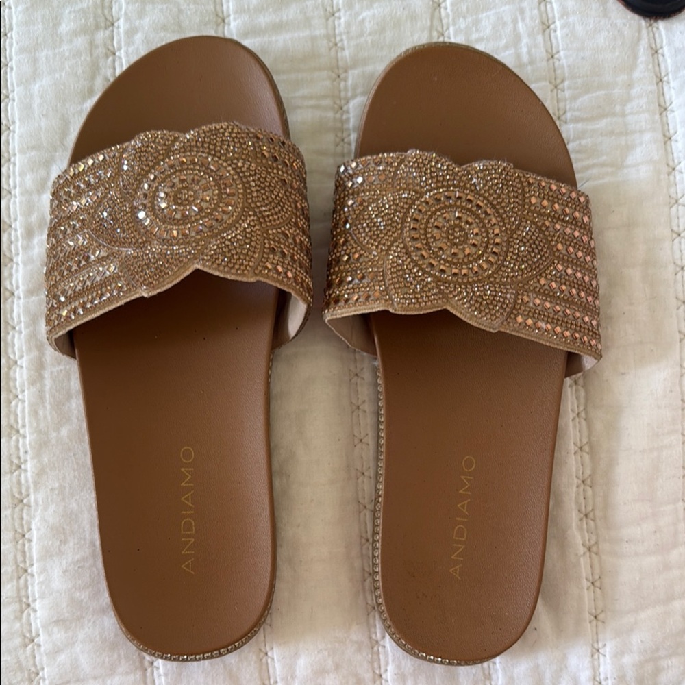 Tan Slide Sandals with Woven Strap and Shimmery Finish